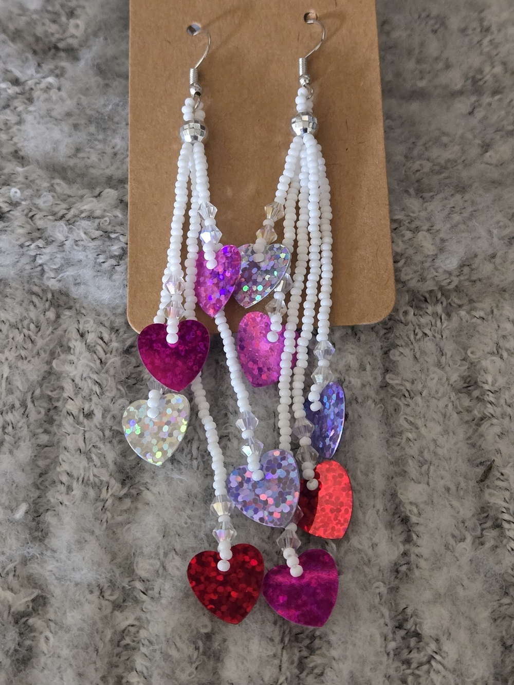 White Beaded Dangle Earrings with Pink & Red Heart Charms
